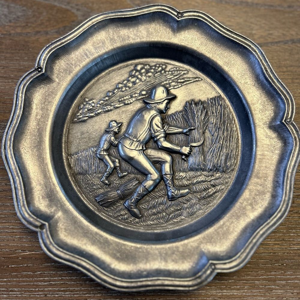 Pewter Decorative Plate with Farming Scene, made in Spain.